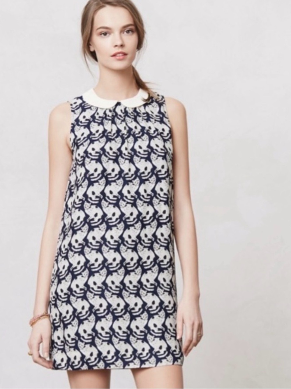 Postmark Anthropologie Women's Navy Cat Pattern Shift Dress Peter Pan Collar L
